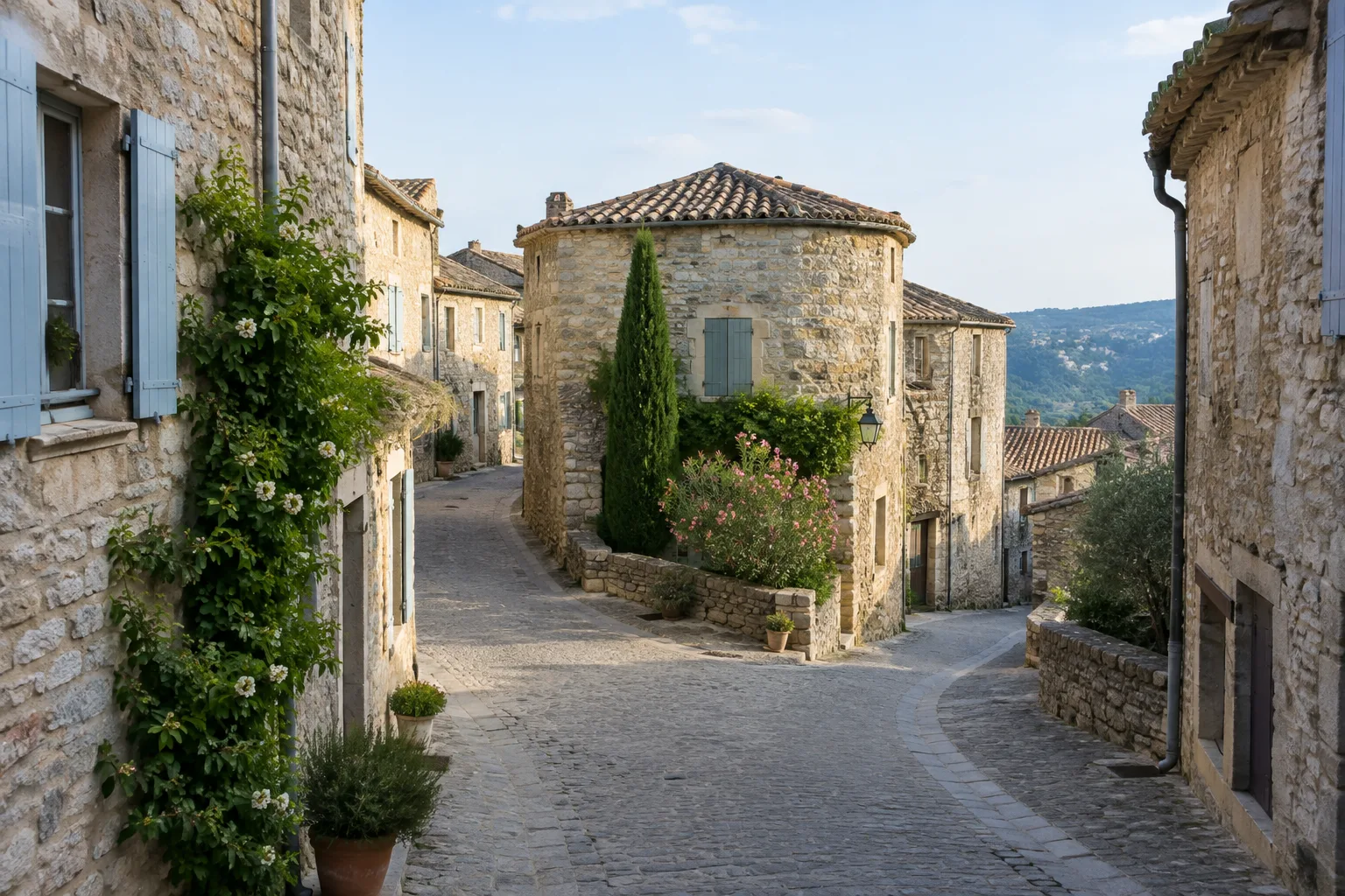 Une ruelle courbe bordée de maisons en pierre dans le village d’Aigne.