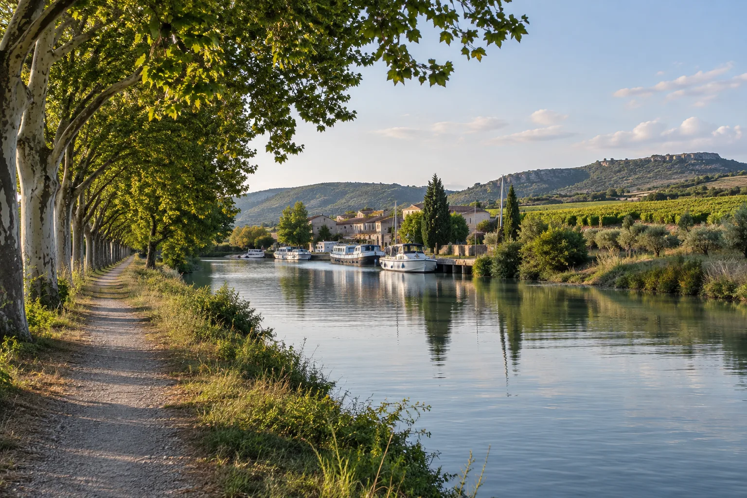 Le canal du Midi près de Homps, bordé d’arbres, avec des bateaux amarrés et les coteaux du Minervois à l’arrière-plan.