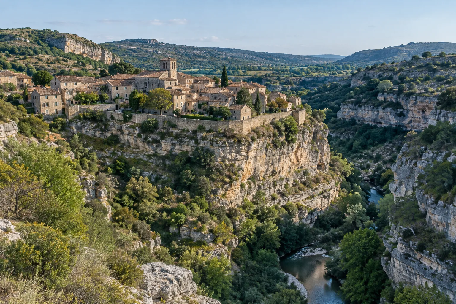 Minerve perchée sur son promontoire calcaire au-dessus des gorges de la Cesse et du Brian.