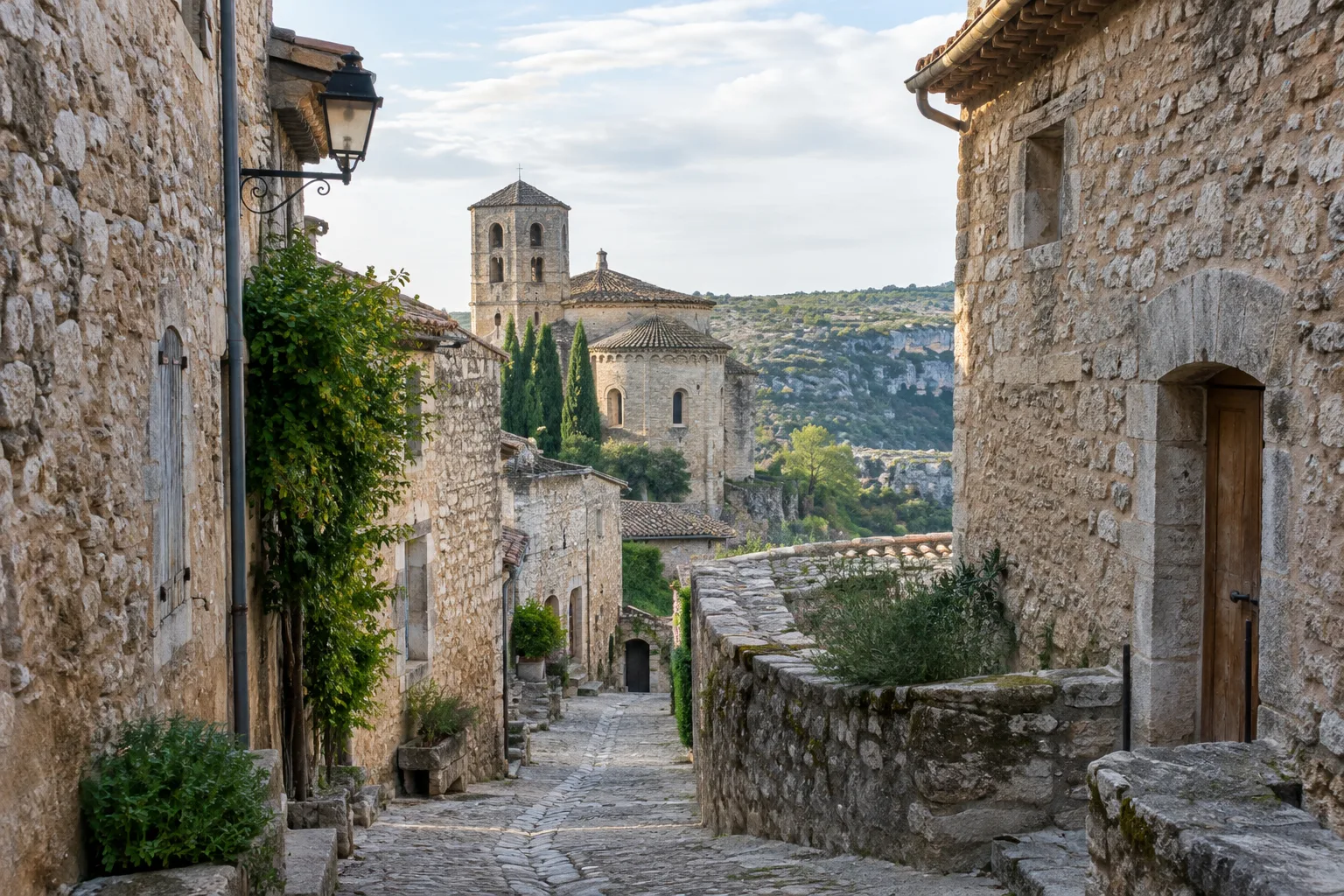 Ruelle bordée de maisons en pierre dans le village médiéval de Minerve.